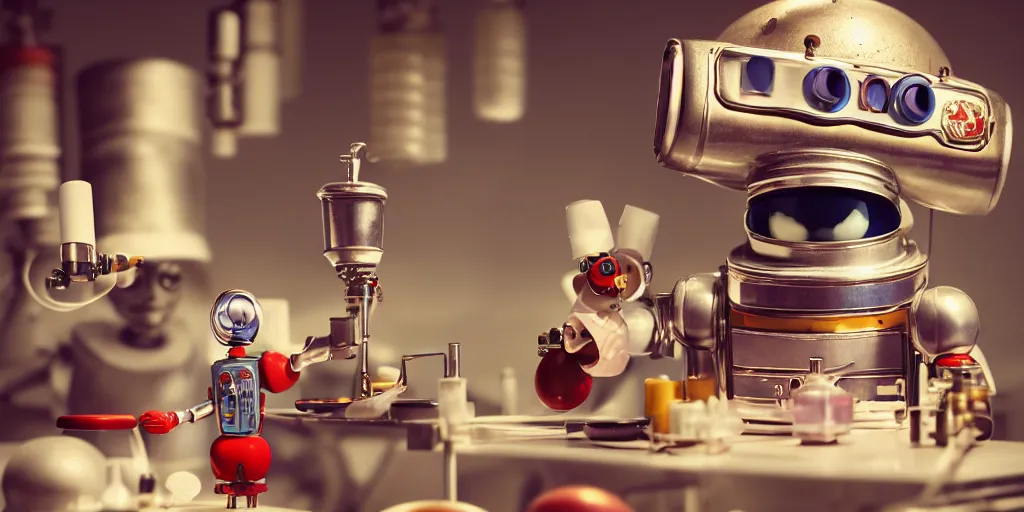 Image similar to closeup portrait of tin toy retro robot chef cooking pastry with vials in a chemical scientific lab, depth of field, zeiss lens, detailed, centered, fashion photoshoot, by nicoletta ceccoli, mark ryden, lostfish, breathtaking, 8 k resolution, extremely detailed, beautiful, establishing shot, artistic, hyperrealistic, octane render