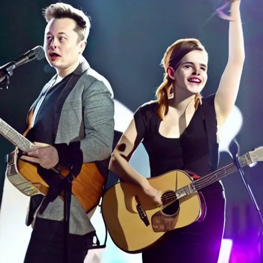 Image similar to elon musk & emma watson performing at woodstock