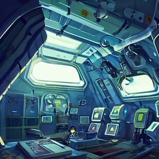 Prompt: Interior of a space station cluttered with electronics and science experiments, Sci-fi, View of earth from the window, Atmosphere, Dramatic lighting, Epic composition, Low angle, Wide angle, by Miyazaki, Nausicaa Ghibli, Breath of The Wild