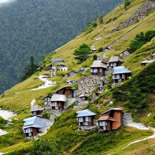 Prompt: steep mountain peak houses, with bridges connecting various villages in the sky