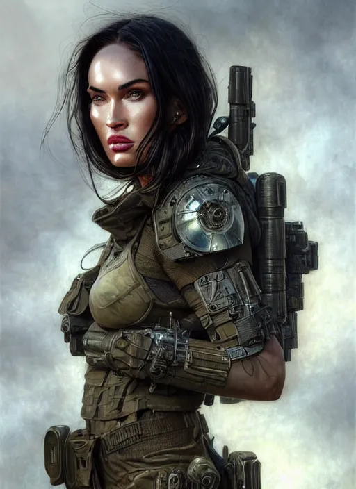 Image similar to closeup portrait shot of megan fox swat team soldier in a scenic dystopian environment, intricate, elegant, highly detailed, centered, digital painting, artstation, concept art, smooth, sharp focus, illustration, artgerm, tomasz alen kopera, peter mohrbacher, donato giancola, joseph christian leyendecker, wlop, boris vallejo