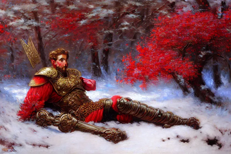 Image similar to winter, a male warrior wearing armor relaxing under a world tree with red flowers, ground covered with snow, extreme long shot, fantasy, painting by gaston bussiere, craig mullins, j. c. leyendecker, trending on artstation