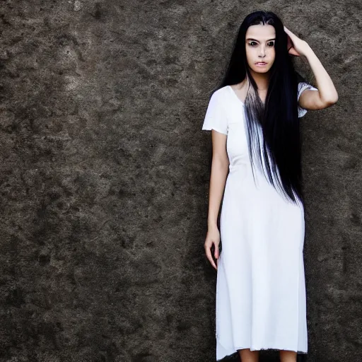 Prompt: young iraqui woman with long black straight hair, white dress