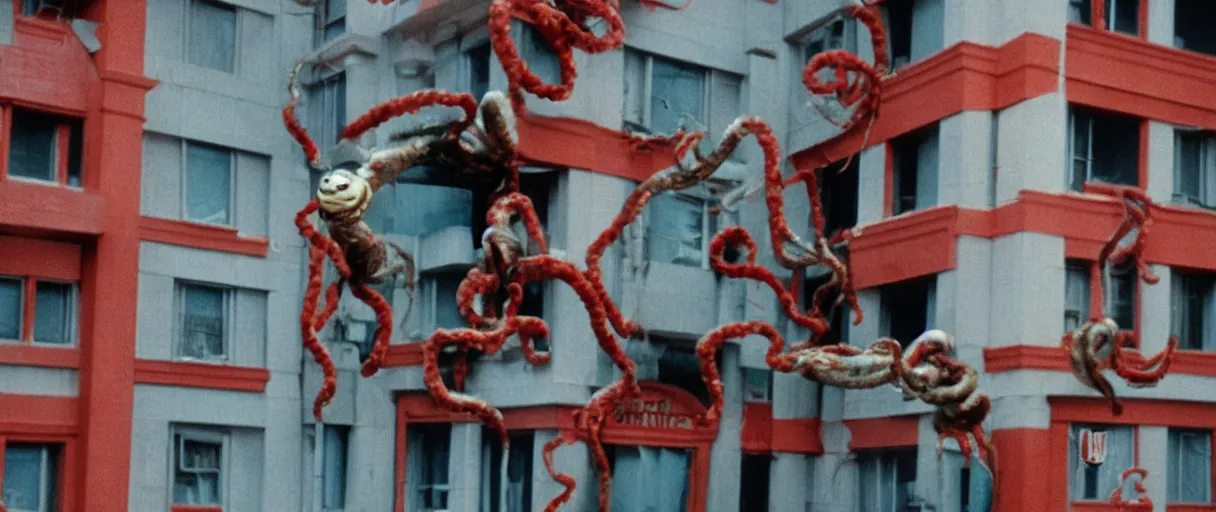 Image similar to filmic extreme close up exterior shot movie still 4 k uhd 3 5 mm film color photograph of a family jumping off a building laughing with tentacle arms happy, only color results, in the style of the horror film the thing 1 9 8 2