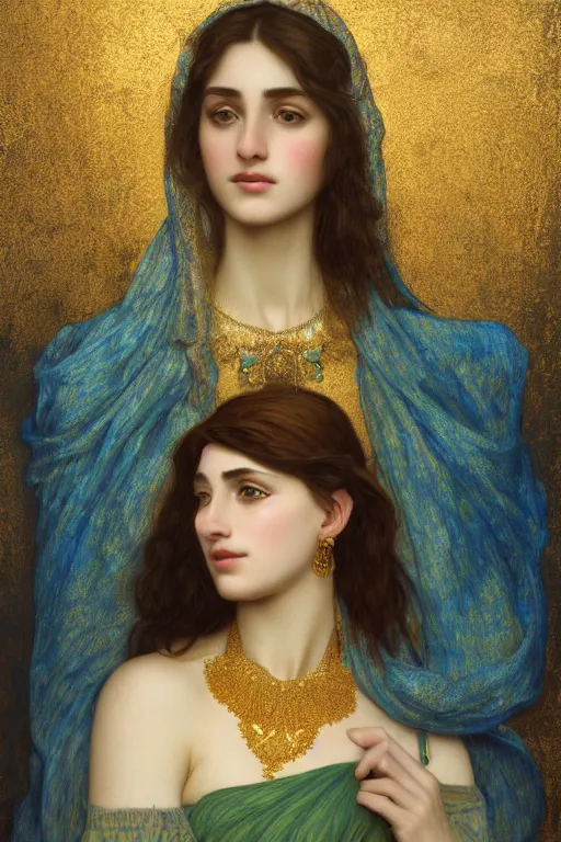 Image similar to 8k Portrait of a Beautiful Arabic female, sad green eyes, beautiful Porcelain skin, elegant, jewellery, digital painting, Pre-Raphaelites, highly detailed, concept art, cinematic lighting, smooth, sharp focus, gold and indigo, illustration, art by Klimt and Alphonse Mucha.