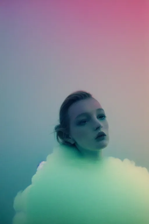 Image similar to high quality pastel coloured film close up wide angle photograph of a model wearing clothing resting on cloud furniture in a icelandic black rock environment in a partially haze filled dreamstate world. three point light, rainbow. photographic production. art directed. pastel colours. volumetric clouds. pastel gradient overlay. waves glitch artefacts. extreme facial clarity. 8 k. filmic.