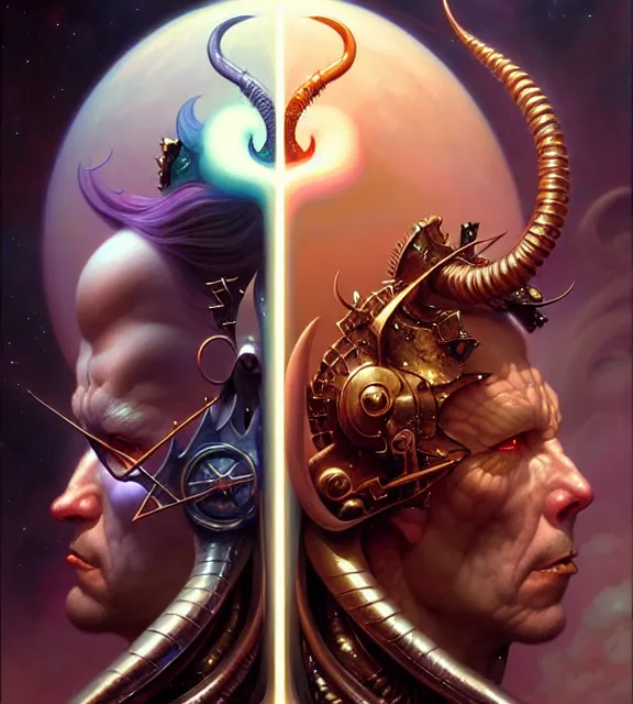 Image similar to beautiful gemini good and evil fantasy character portrait, ultra realistic, wide angle, intricate details, the fifth element artifacts, highly detailed by peter mohrbacher, hajime sorayama, wayne barlowe, boris vallejo, aaron horkey, gaston bussiere, craig mullins