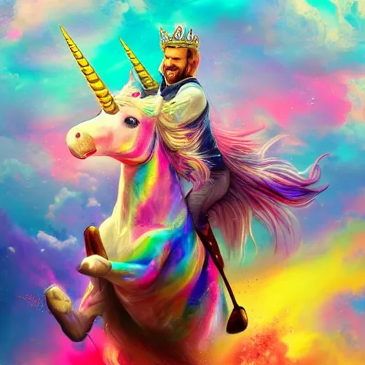 Prompt: felix kjellberg riding a unicorn, pointing, wearing a crown, paradise landscape, vivid colors, pastelle, digital art, trending on artstation