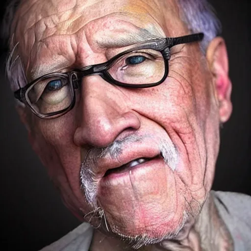 Image similar to A colored colorized real photograph of Markiplier as an elderly guy, taken in the early 2020s, taken on a 2010s Camera, realistic, hyperrealistic, very realistic, very very realistic, highly detailed, very detailed, extremely detailed, detailed, digital art, trending on artstation, headshot and bodyshot, detailed face, very detailed face, very detailed face, real, real world, in real life, realism, HD Quality, 8k resolution, intricate details, colorized photograph, colorized photon, body and headshot, body and head in view