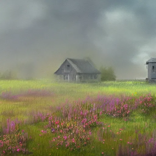 Prompt: a matte painting of a prairie, cottage close up, rain, foggy, patchy flowers, oil painting, pale colors, high detail, 8 k, wide angle, trending on artstation,