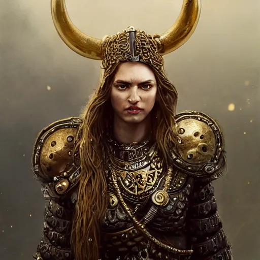 Prompt: Portrait of a majestic fierce viking woman, highly detailed, viking attire, gold plated chest plate, armor skirt, cinematic, 8k, 1080s, by Stanley Artgermm, Tom Bagshaw, Greg Rutkowski, Vincent di Fate, Carne Griffiths, Ayami Kojima, trending on DeviantArt, hyper detailed, full of color, digital art,