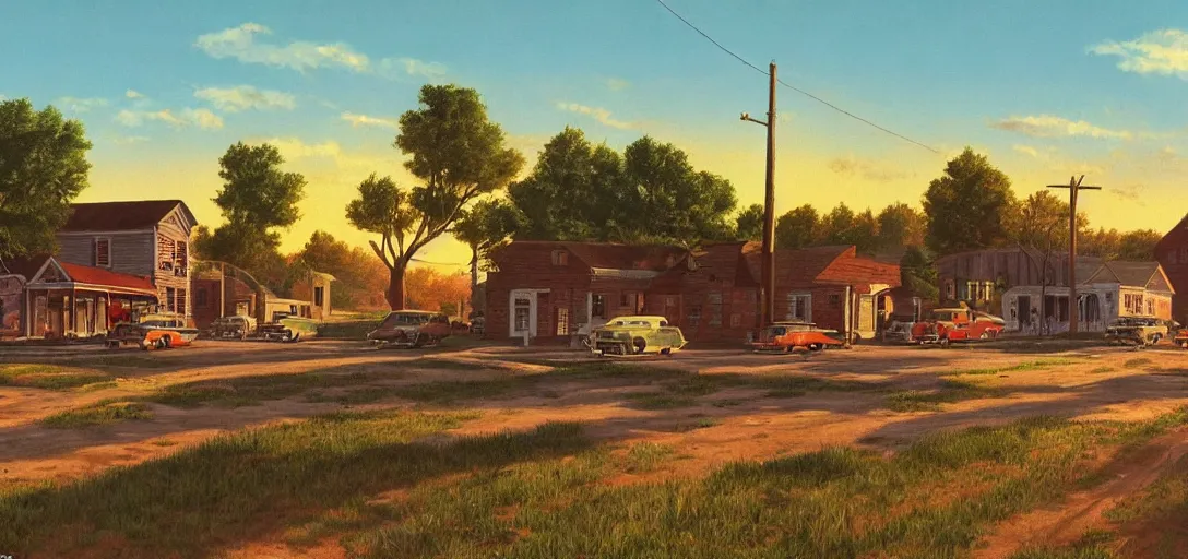 Image similar to concept art of a small rural town in middle America in the 1960s, detailed, Americana, golden hour