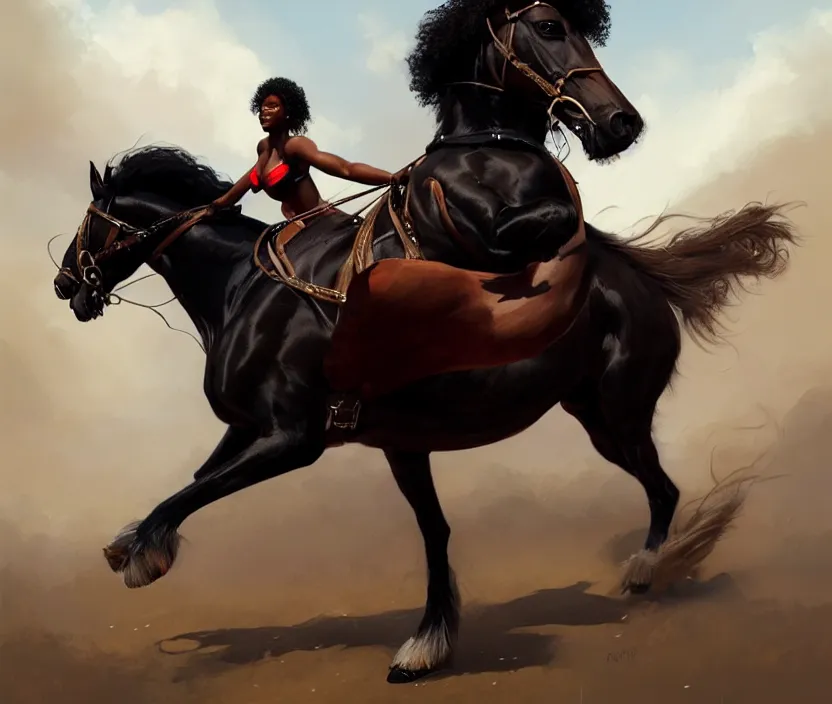 Image similar to full body portrait of beautiful black woman riding a clydesdale, cinematic, highly detailed, digital painting, artstation, concept art, smooth, sharp focus, illustration, face by wlop, illustrated by mars ravelo and greg rutkowski