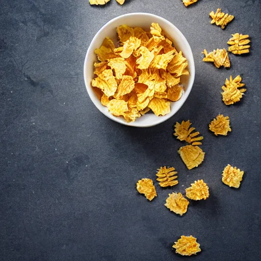 Image similar to professional photo of a bowl of cornflakes in milk on a yellow table shot from above