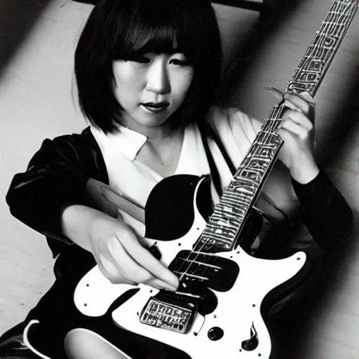 Prompt: a black and white photograph of a female japanese artist playing an electric guitar, 1 9 7 0 s