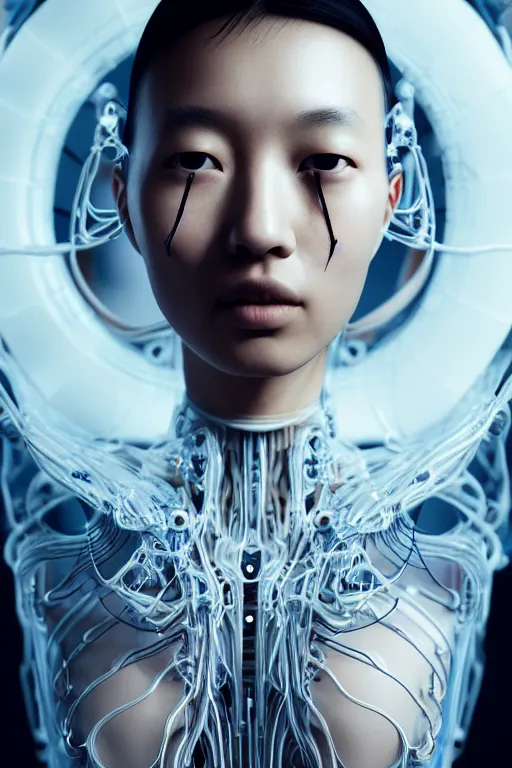 Image similar to young asian woman, iris van herpen, beautiful face, perfect symmetrical body, full body shot, inflateble shapes, wires, tubes, veins, jellyfish, white biomechanical details, wearing epic bionic cyborg implants, masterpiece, intricate, biopunk, vogue, highly detailed, artstation, concept art, cyberpunk, octane render