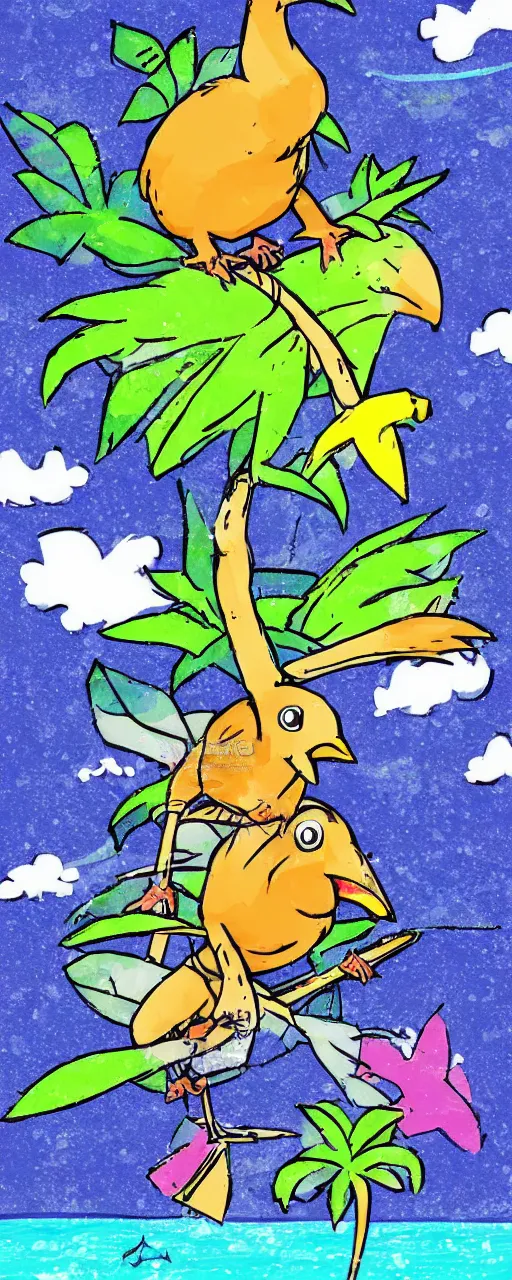 Prompt: cute cartoon chibi anime style illustration of a dodo bird surfing. super cute. tropical. colorful.