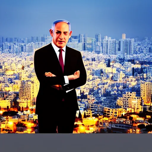 Image similar to portrait of Benjamin Netanyahu, Tel-Aviv skyline background, rich vivid colors, ambient lighting, dynamic lighting, 4k, HQ, official media, detailed, trending on artstation