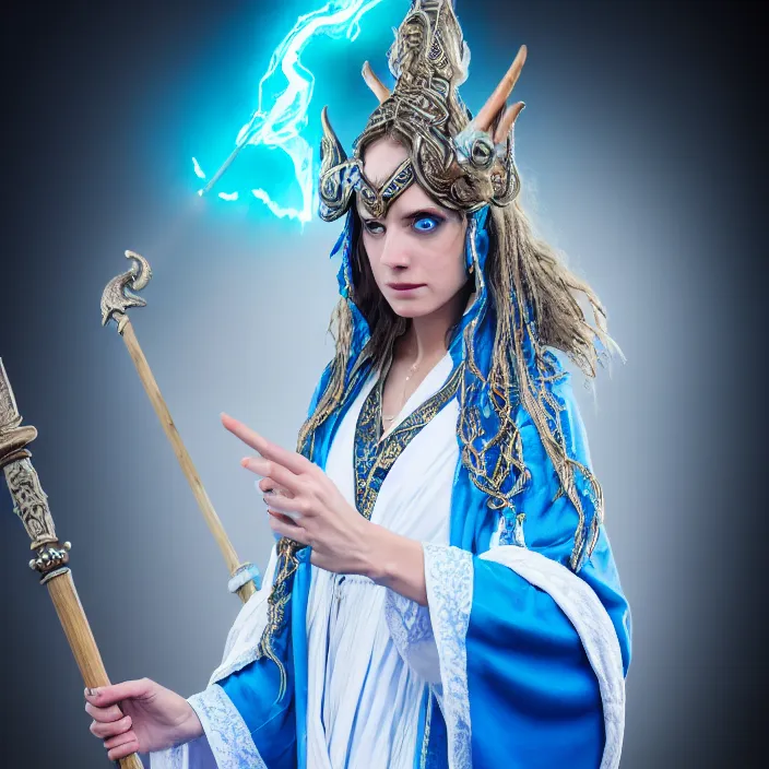 Prompt: professional photograph of a real-life beautiful elemental sky witch with ornate white and blue robes and staff. Extremely detailed. 8k