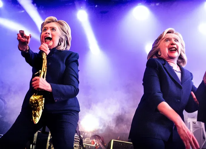 Image similar to publicity photo still of hillary clinton in a death metal band playing live on stage, 8 k, live concert lighting, mid shot