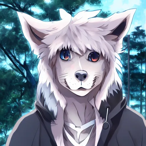 Image similar to key anime visual portrait of an anthropomorphic anthro wolf fursona, in a jacket, with handsome eyes, official modern anime art