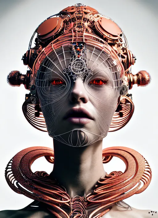 Image similar to portrait of an absurdly beautiful, graceful, sophisticated, fashionable cyberpunk mechanoid, hyperdetailed illustration by irakli nadar and alexandre ferra, intricate linework, white porcelain skin, faberge, coral headdress, unreal engine 5 highly rendered, global illumination, radiant light, detailed and intricate environment