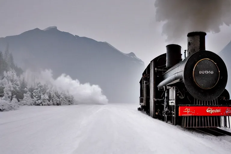 Prompt: an old steam engine is rushing through the snow storm in high speed, white steam on the side, and dark smoke with fire from the pipes, dynamic angled shot, low angle, wide shot, speed lines, fire particles and snowflakes everywhere, 8k, hyperrealistic, ultra sharp, octane render, unreal engine, light breaks through the sky, epic mountains in the background, artstation, very detailed, 16k, cinematic scenery,