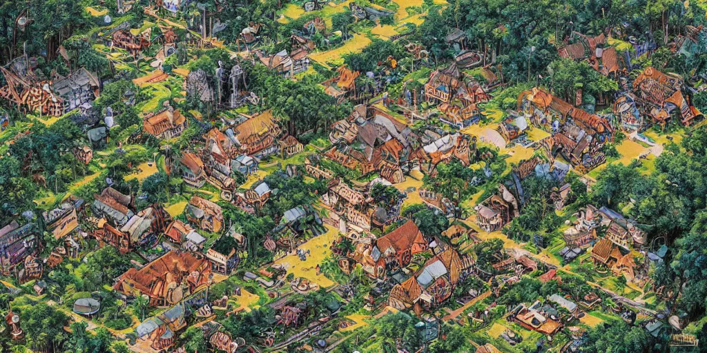 Prompt: isometric view of a small German village amidst a lush forest, by Ayami Kojima, Amano, Karol Bak, Greg Hildebrandt, and Mark Brooks, masterpiece