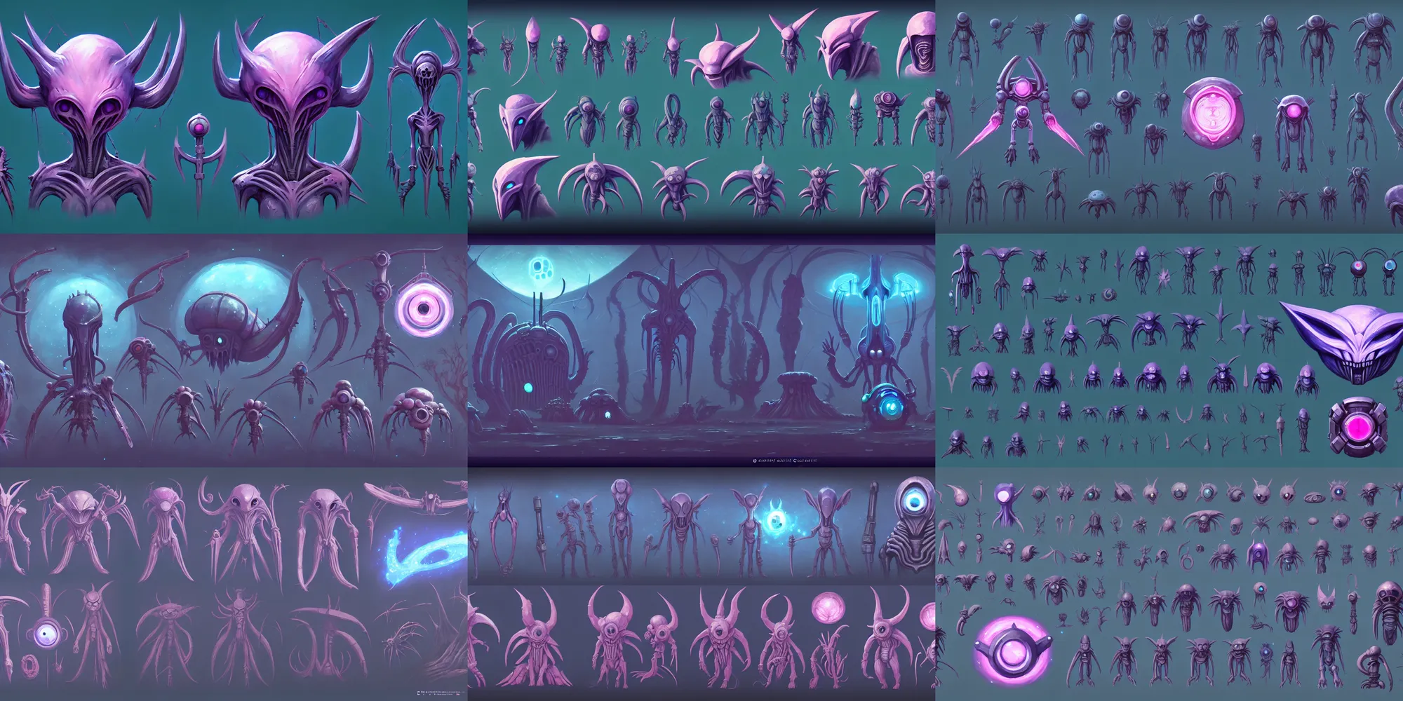 Prompt: game asset occult, scifi ori alien game assets concept props, ghibli style, h. r giger, in gouache detailed paintings, props, stylized, 2 d sprites, kitbash, nature, organic, ivy, arcane, overwatch, blue and pink color scheme, 8 k, close up