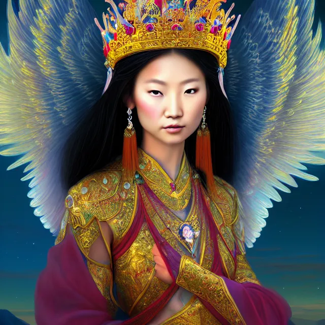 Prompt: beautiful 3 d render of an asian mongolian princess goddess with angelic wings in a sensual pose, princess wearing a crown with gemstones, near lake baikal, atmospheric lighting, painted, intricate, volumetric lighting, beautiful, rich deep colours masterpiece, sharp focus, ultra detailed, in the style of dan mumford and marc simonetti, astrophotography