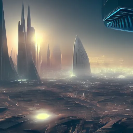 Prompt: photo of distant landscape in a futuristic city from the year 3000, 4k, ray trace, ultra hd