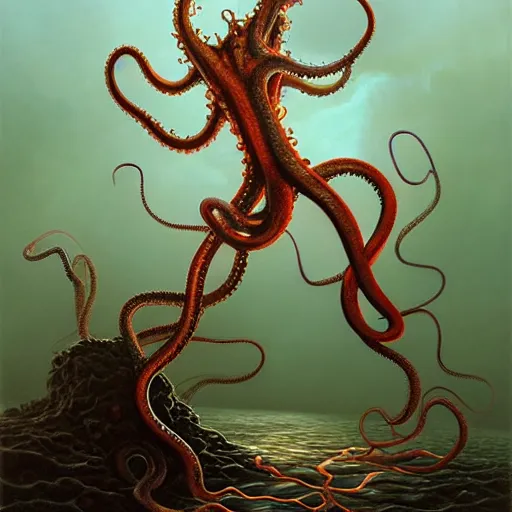 Image similar to An amorphic being with tentacles of liquid reflective copper and chrome emerges from the dark surreal ether, mist amidst lightning, high contrast lighting, backlit by Michael Whelan