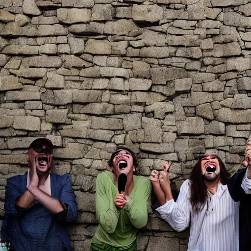 Prompt: faces of celebrities emerging from a stone wall, laughing and swearing at passerby as the people flock to see them react, moody, photoreal, cinematic