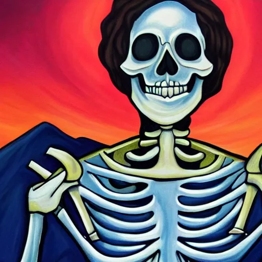 Image similar to a detailed painting of Jesus Christ skeleton standing with a background of apocalypse on earth