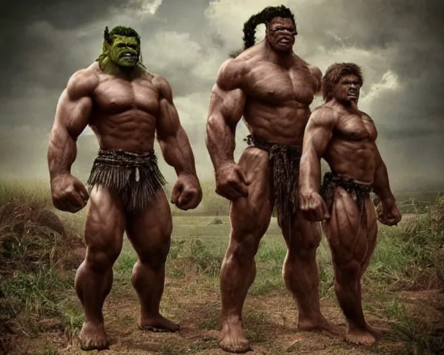 Prompt: hyper realistic group vintage photograph of a warrior orc tribe, tall, muscular, hulk like physique, tribal paint, tribal armor, grain, old