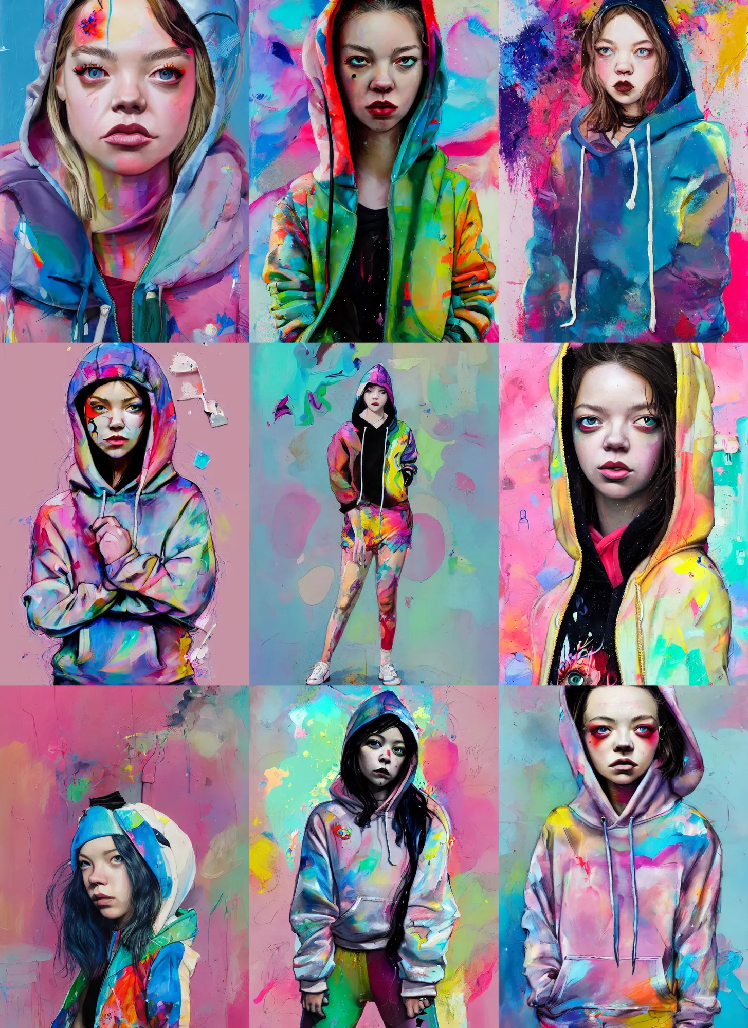 Prompt: sydney sweeney in the style of martine johanna and david choe, wearing a hoodie, standing in a township street, street fashion outfit,!! haute couture!!, full figure painting by martine johanna, artgerm, ismail inceoglu, pastel color palette, sharp focus, detailed impasto, intricate, elegant, 2 4 mm lens