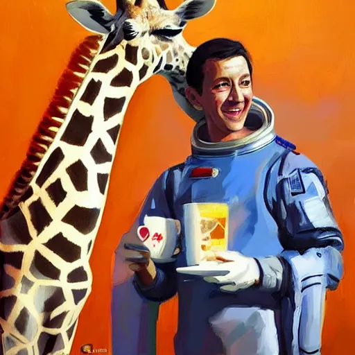 Image similar to a giraffe dressed like an astronaut drinking tea with queen isabel, trending on artstation, art by greg manchess, guangjian, detailed digital art, artstation hd