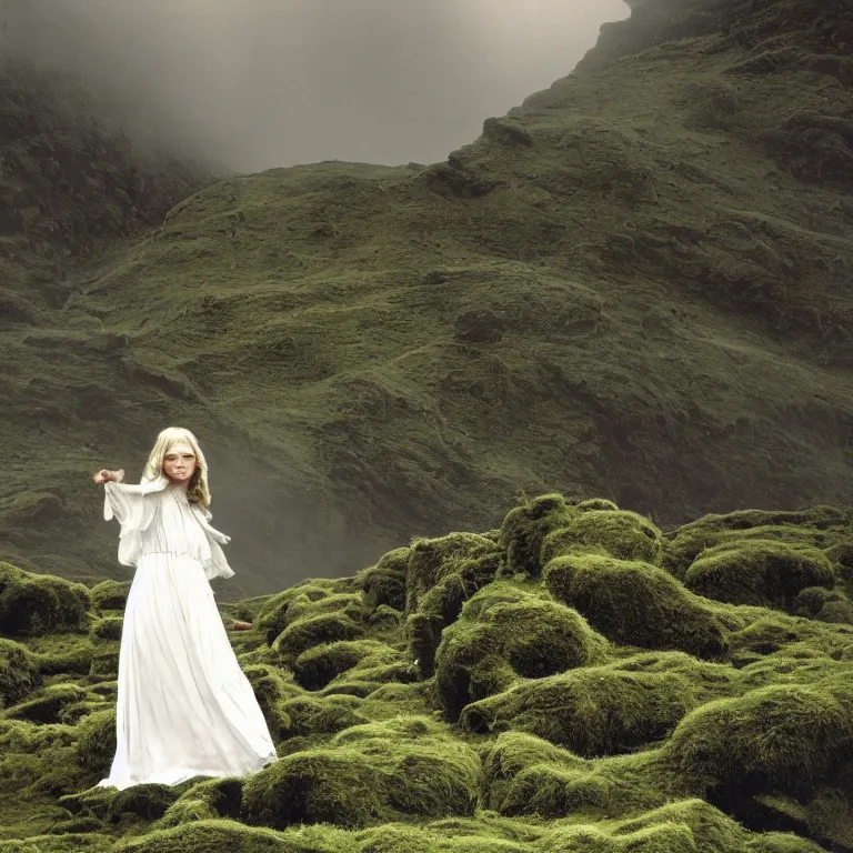 Prompt: moody 1 9 7 0's artistic technicolor spaghetti western film, a large huge group of women in a giant billowing wide long flowing waving shining bright white dresses made of white smoke, standing inside a green mossy irish rocky scenic landscape, volumetric lighting, backlit, moody, atmospheric, fog, extremely windy, soft focus