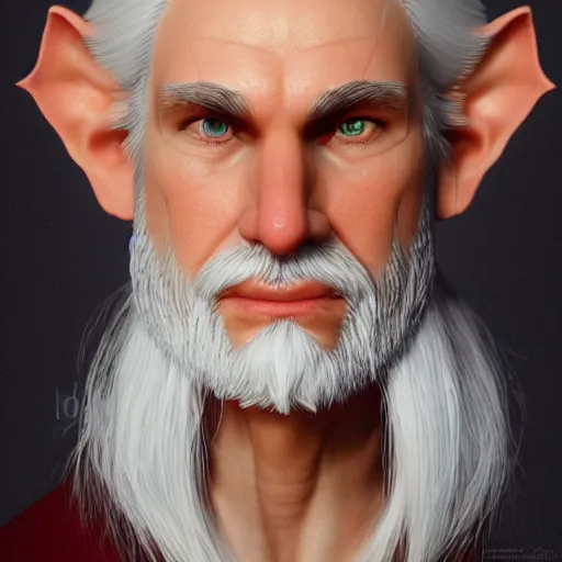 Image similar to a highly detailed portrait of a middle aged male elf with white hair and a very short beard, in red clothes, artstation, deviantart, professional, photorealistic