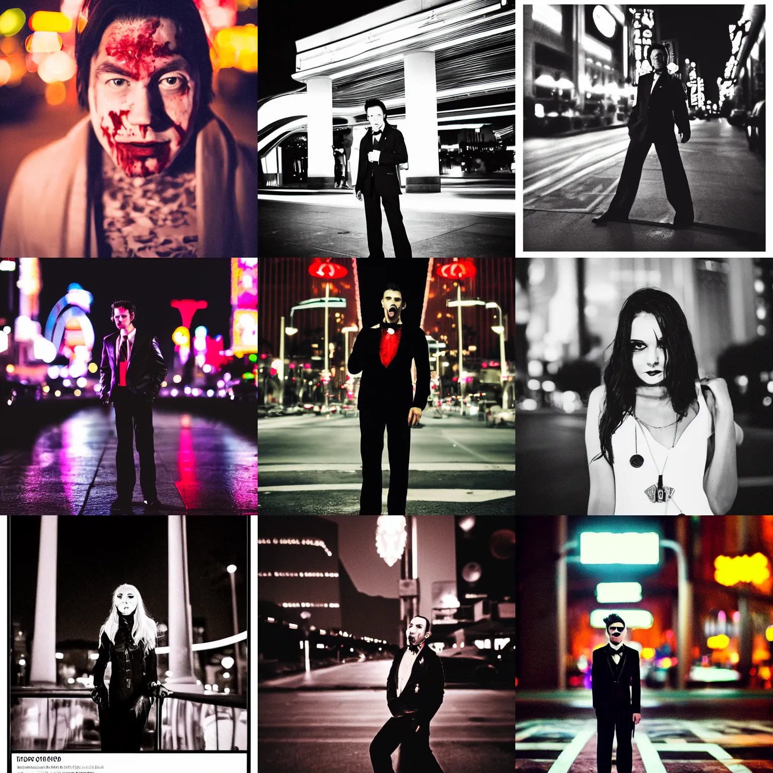 Image similar to portrait of a vampire in Las Vegas at night, blood, 35mm f1.8, color, behance, trending on instagram