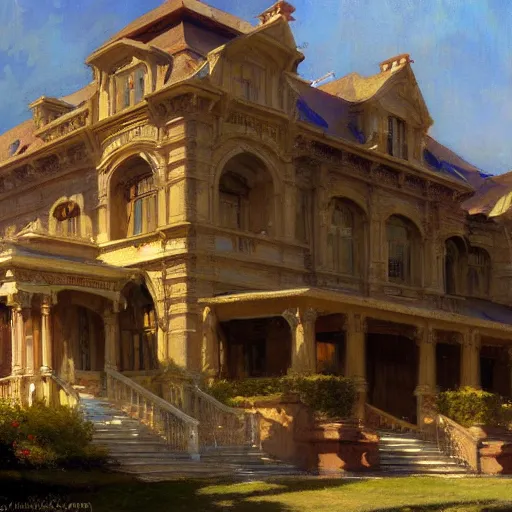 Image similar to detailed cinematic wide shot of sucession modern mansion design spring light, painting by gaston bussiere, craig mullins, j. c. leyendecker