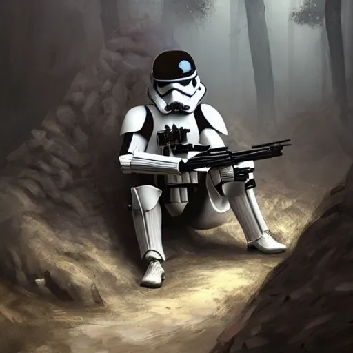 Prompt: stormtrooper sitting in a trench, digital art, ultra realistic, highly detailed, HD, artstation, concept art, smooth, sharp focus, illustration, cinematic lighting, realistic, art by Edouard Groult