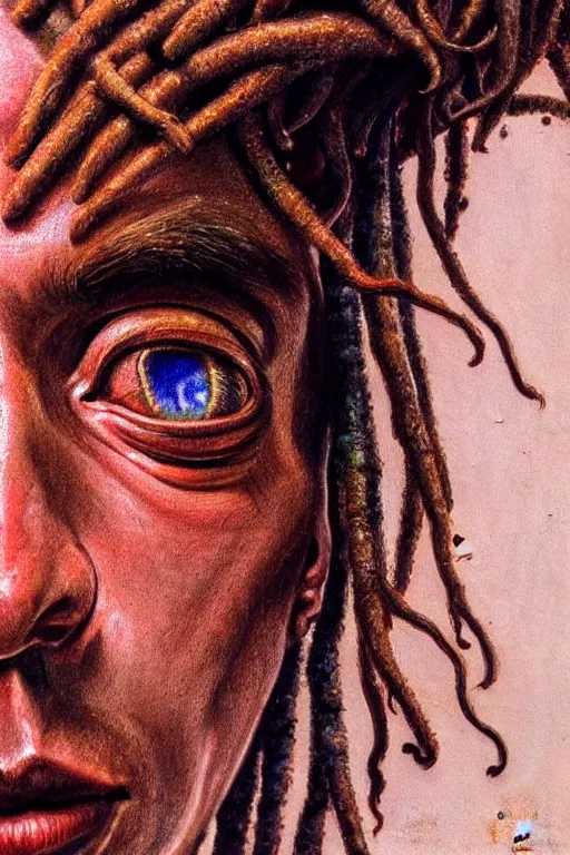 Image similar to hyperrealistic close - up portrait of psychedelic!!!!!!!!!! neuro - shaman dreadlocks hippy highly detailed concept art eric zener elson peter cinematic hard lighting high angle hd 8 k sharp shallow depth of field, inspired by denis villeneuve and zdzisław beksinski