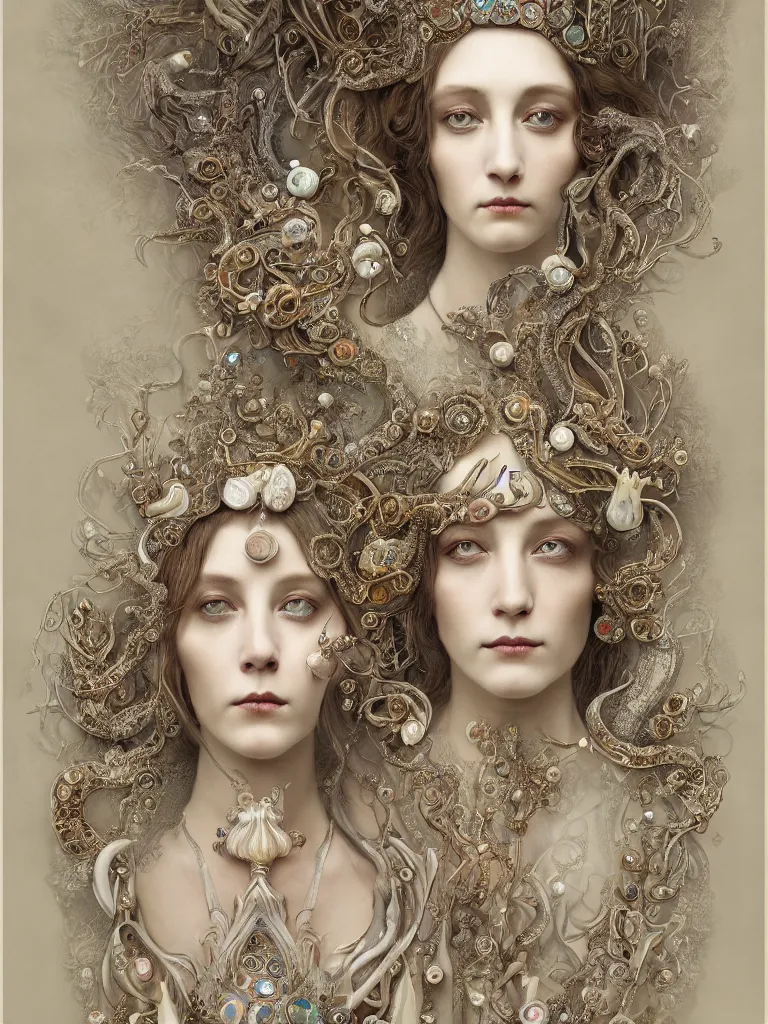 Image similar to a beautiful queen made of crystal ivory and opal, highly intricate, digital art, very detailed, in the style of a weird and dark eerie liminal art nouveau flemish painting, 8k, octane render