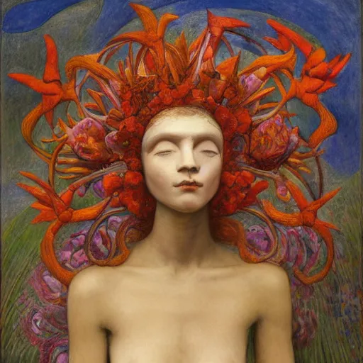 Image similar to facemask made of flowers, by annie swynnerton and jean delville and edward hopper and evelyn de morgan and rufino tamayo, dark flower shaman, art brut, outsider art, symbolist, dramatic lighting, god rays, elaborate geometric ornament, clean crisp graphics, smooth sharp focus, extremely detailed, adolf wolfli