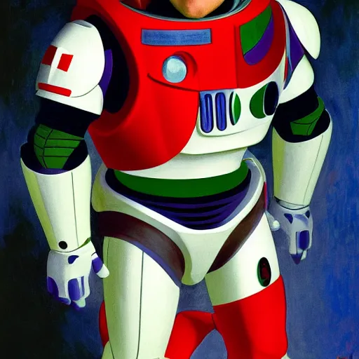 Prompt: studio portrait of buzz lightyear. in a red communist space suit with communist symbols. symmetry. intricate details. 8 k. artistic light. art by john singer sargent - adolphe bouguereau - ralph mc quarrie