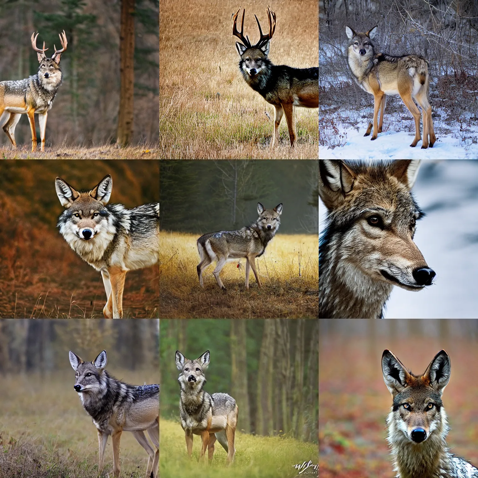 Prompt: a deer-wolf, wildlife photography