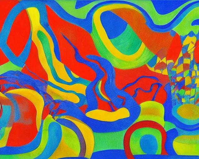 Image similar to A wild, insane, modernist landscape painting. Wild energy patterns rippling in all directions. Curves, organic, zig-zags. Saturated color. Outsider art.