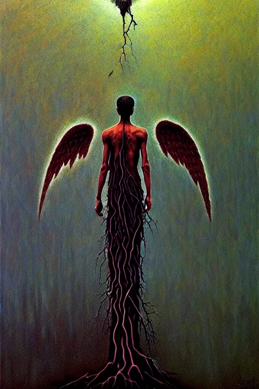 Image similar to angel with fully spread wings floating in the air surveying parched and burned forest, smoke and fire, highly intricate wings!, roots, art by zdislav beksinski!!, hdr!, trending on artstation, photorealistic,