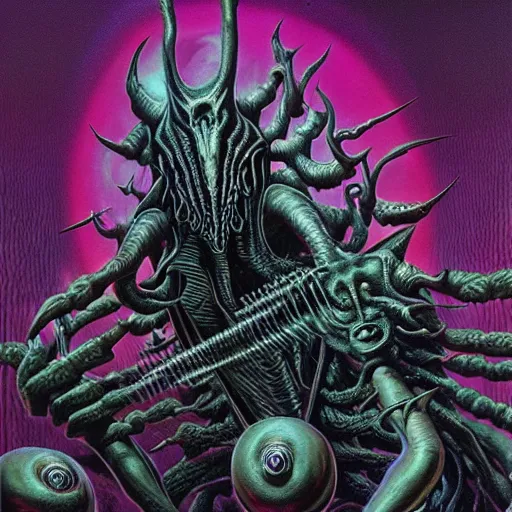 Prompt: NWOBHM metal album cover in the style of wayne barlowe and kenny scharf and mark arian, realistic, insanely detailed, soft, smooth, airbrush, play-doh, wet, slimy